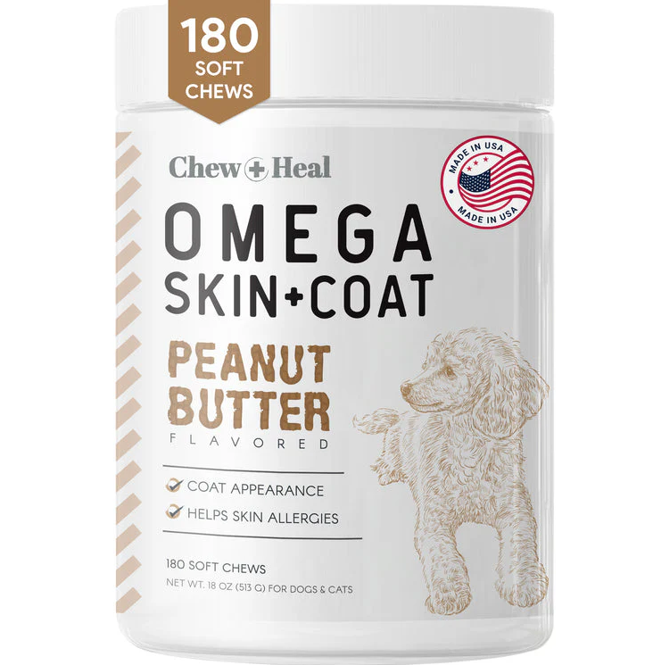 Peanut Butter Omega Skin + Coat Supplement for Dogs - 180 Soft Chews ...